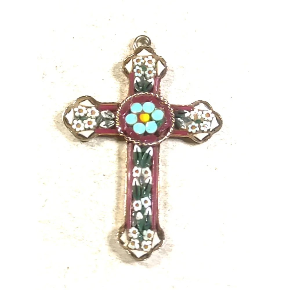 Italy Cross Pendant Gold Tone Enamel Red Blue White Feminine Religious Church